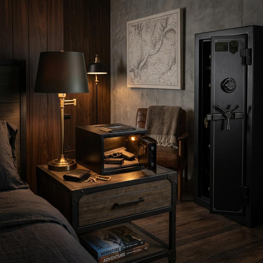 Quick access bedside gun safe on nightstand