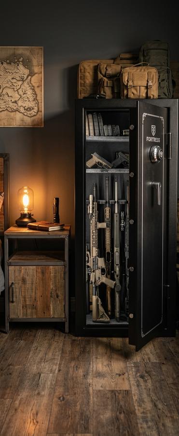 Fireproof rifle cabinet in basement